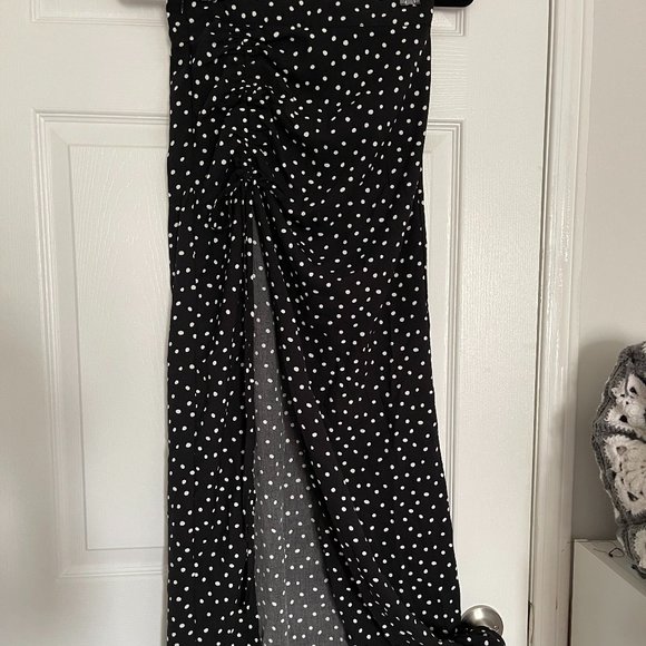 Polka Dot Drawstring Ruched Split Thigh Skirt - Picture 2 of 5